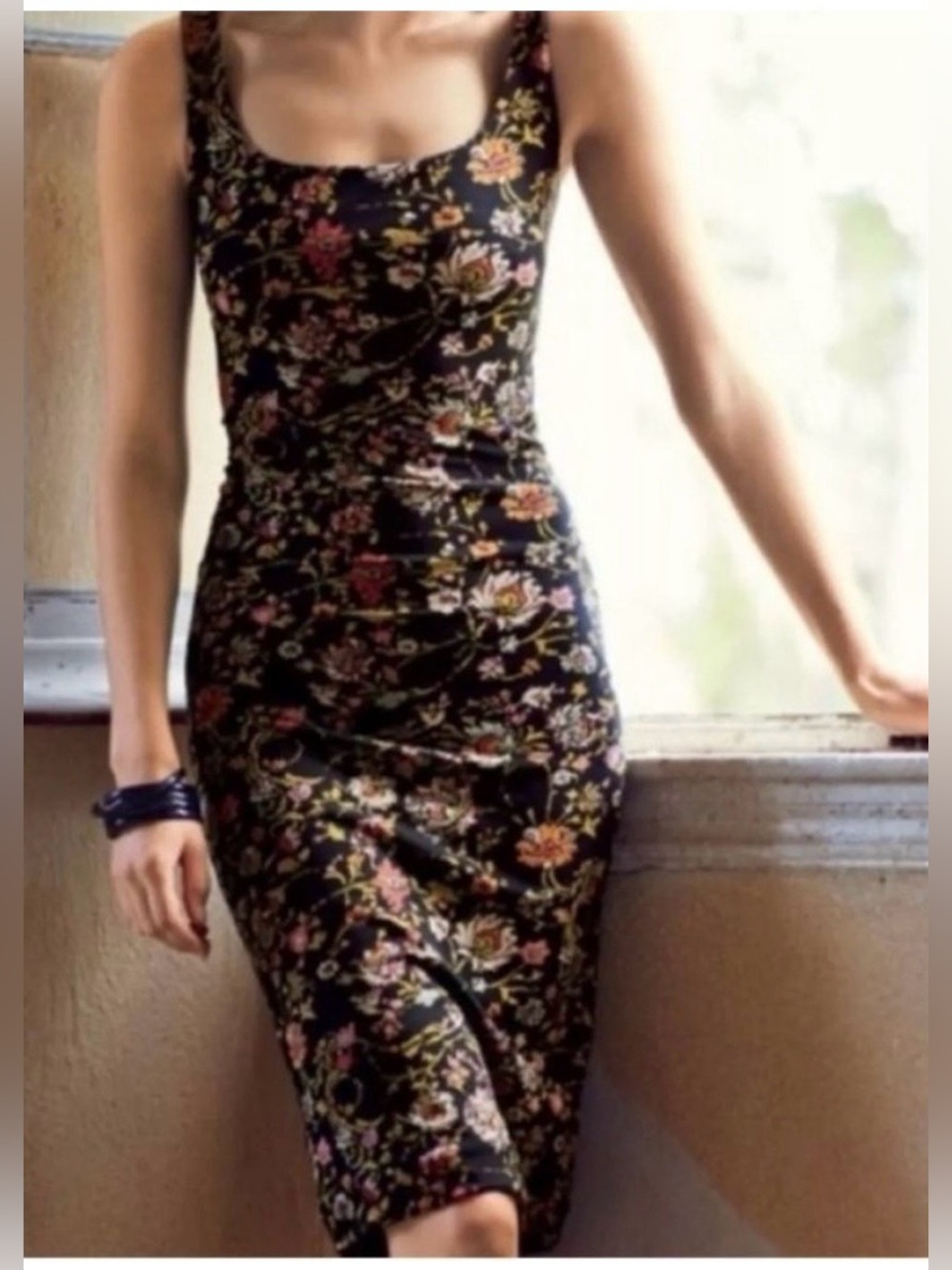 Peruvian Connection Black Turkish Floral Pima Cotton Midi Dress, Size Medium